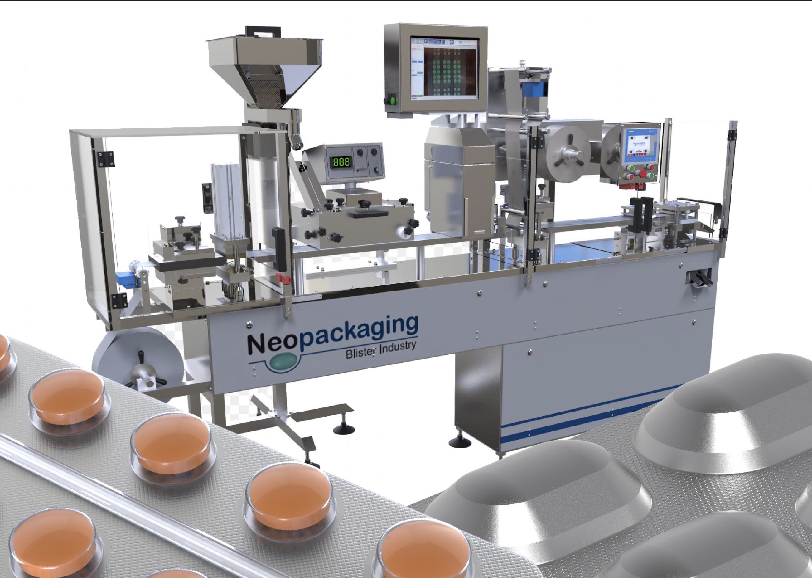 Máquinas automáticas para empaque primario tipo blister de sólidos, semisólidos o líquidos. Herramental y accesorios. Empaque secundario hasta finales de línea, producción de frascos y sistemas para manipulación ergonómica y segura de pequeñas cargas.